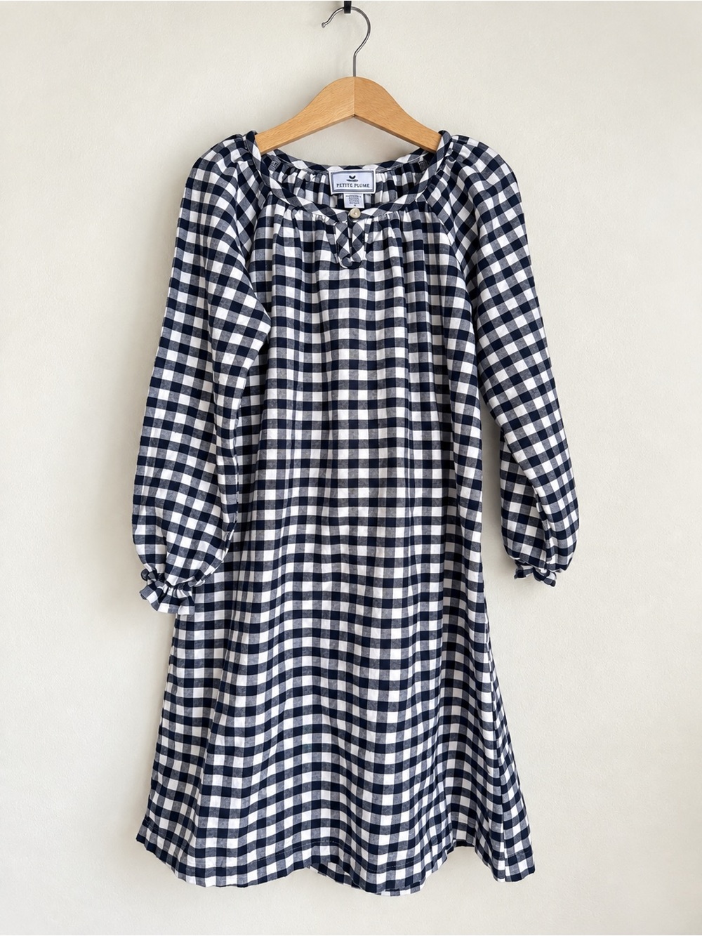 Petite Plume Girls Size 7 Navy White Gingham Fall Pajama Dress Nightgown